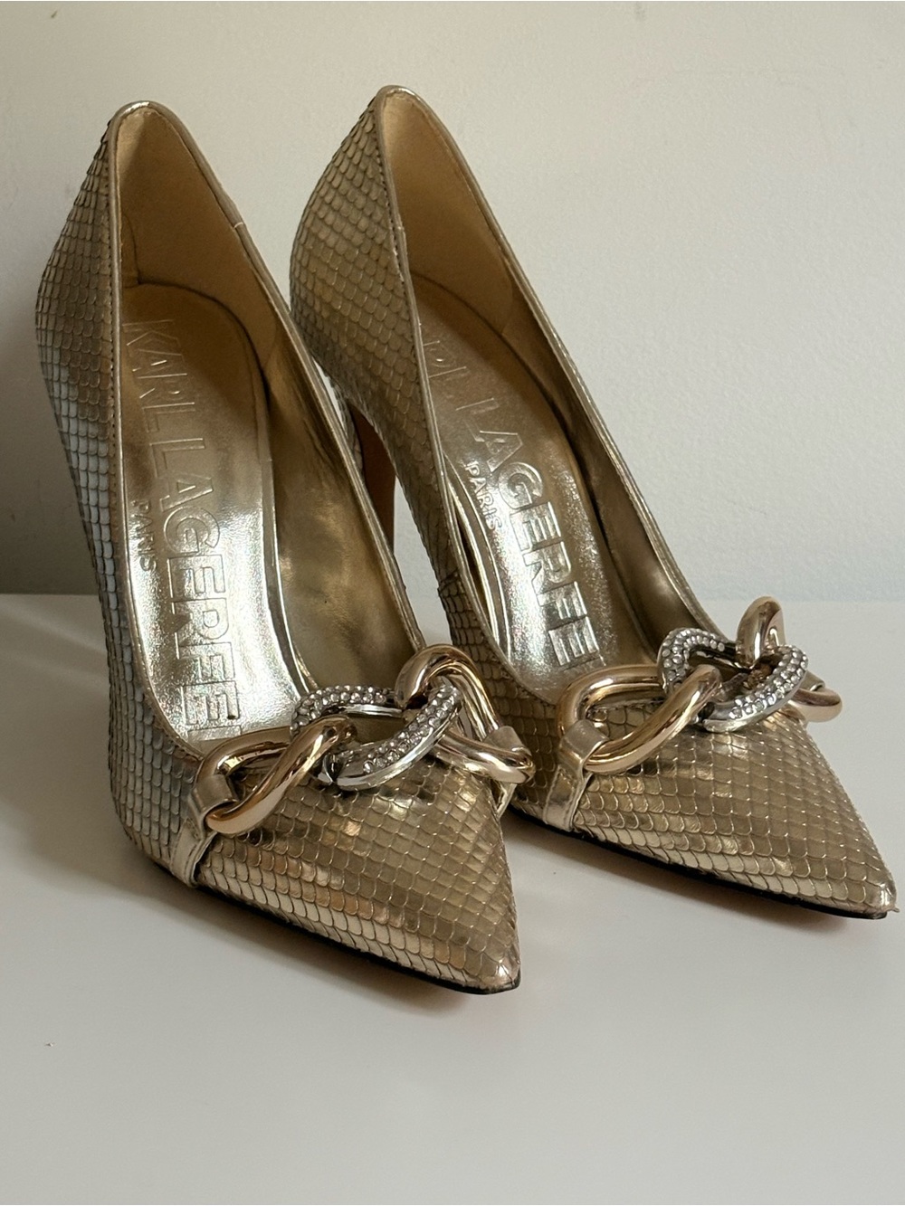 Karl Lagerfeld Gold Snake-Embossed Pointed Toe Chain Pumps